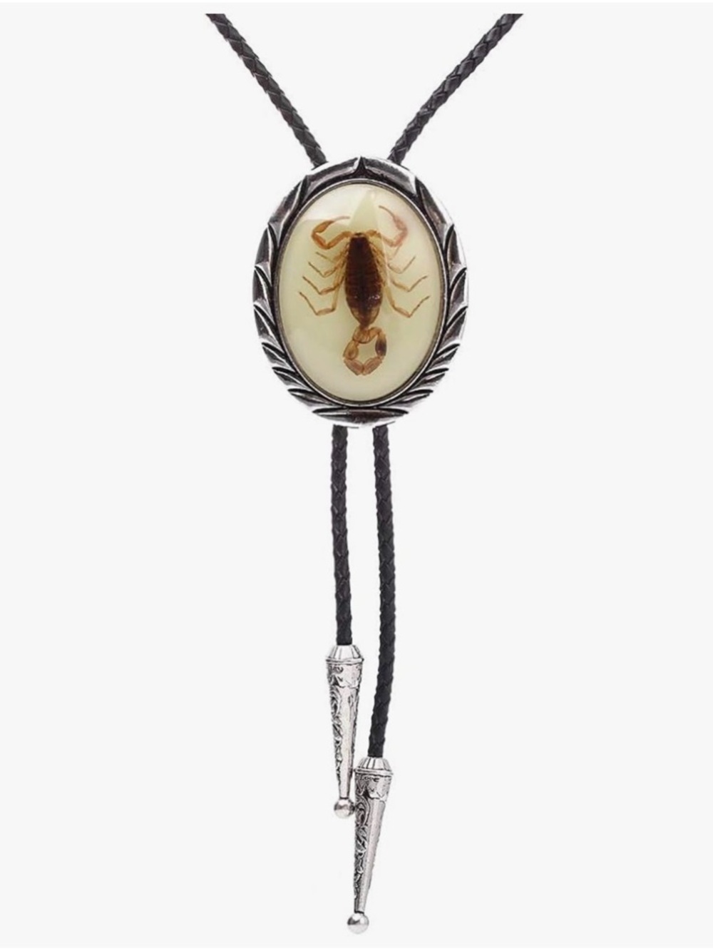 Scorpion Bolo Tie Black Braided Cord Silver Tone Tips